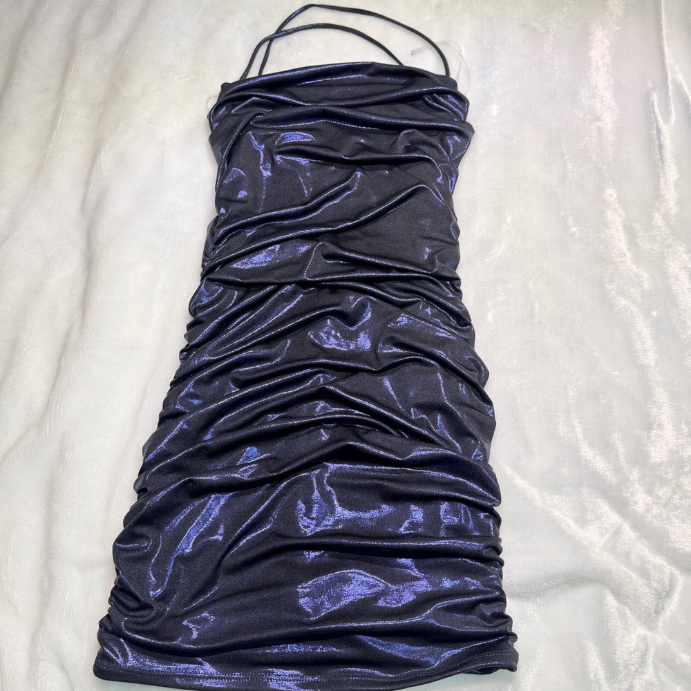 MistyRose Metallic Navy Ruched Bodycon Halter Mini Dress M